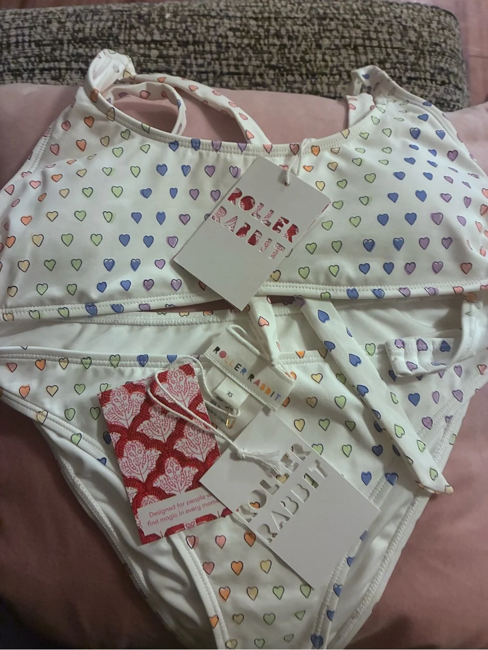 Roller Rabbit White Bandeau Bikini with Multicolor Pastel Heart Print